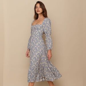Reformation Blue Floral Spring Dress, Midi/Modern Gunne Sax/Prairie Style